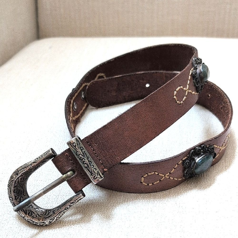 Brown Leather Belt with Cabachon Stone Medallions & Silver Scroll Work Buckle